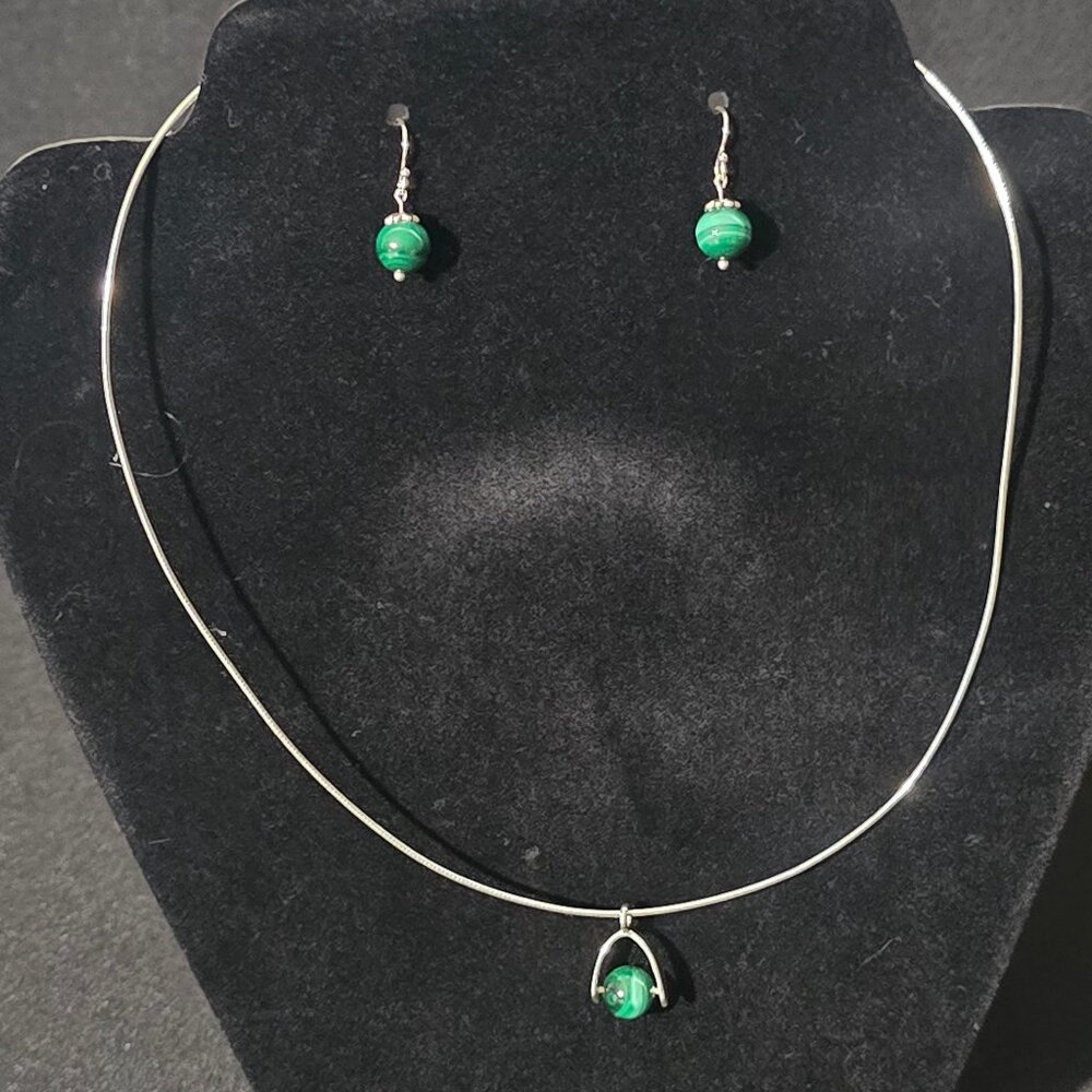 Adorable Dainty Sterling Silver & Malachite Necklace & Earring Set